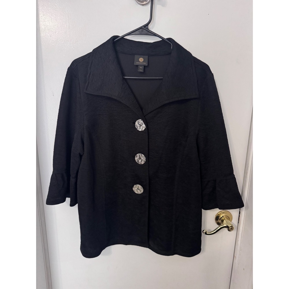 JM Collection Black Textured Button Up Jacket Ruffle Sleeve Petite XL